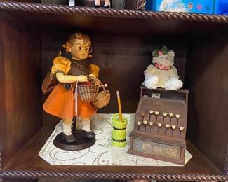 c.1996 Hummel Goebel 125th Anniversary Porcelain Doll and Rusty Old Toy Cash Register