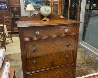 Antique Mahogany 4-Drawer Chest with Engraved Front and Scalloped Top Edge
