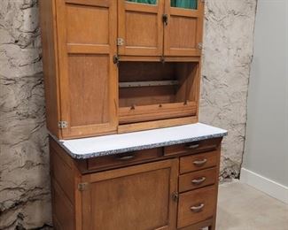 c.1920's 2-Piece Oak Hoosier Cabinet, with Green Slag Glass, Enamel Top with Black Speckled Edge, 3 top doors, roll-up-Bread Door, Bottom Door with 3 Divided Drawers for Storing Utensils, Beautiful Antique  
