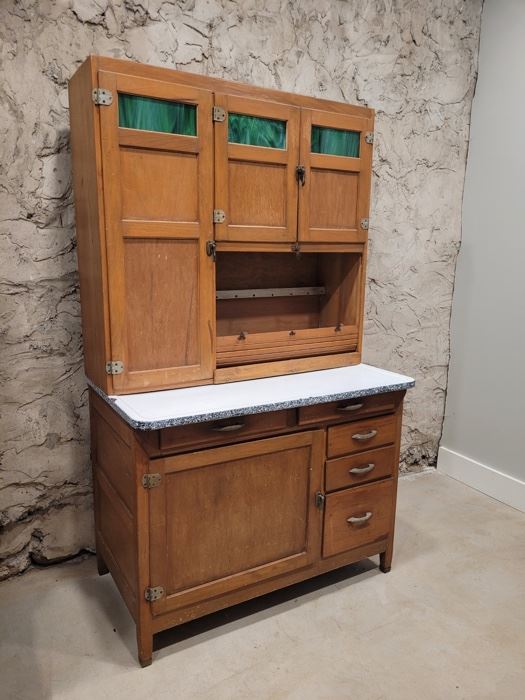 c.1920's 2-Piece Oak Hoosier Cabinet, with Green Slag Glass, Enamel Top with Black Speckled Edge, 3 top doors, roll-up-Bread Door, Bottom Door with 3 Divided Drawers for Storing Utensils, Beautiful Antique  