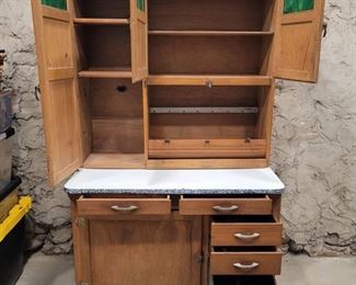 View of c.1920's Oak Hoosier Cabinet with Drawers and Doors Open