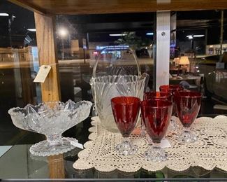 MCM Glass Ice Bucket and Set of 5 Vintage Ruby Red Crystal Water Glasses 