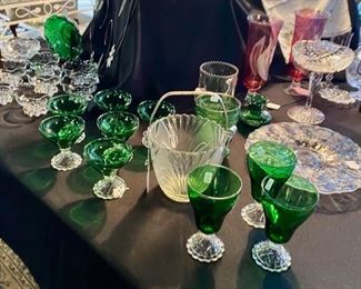 Antique Emerald Green Glassware and Vintage Glass Ice Bucket 