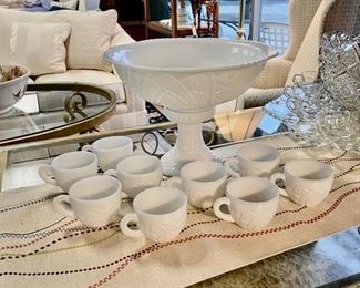 Vintage McKee Concord MILK GLASS 2-Piece Punch Bowl with 9 Matching Cups