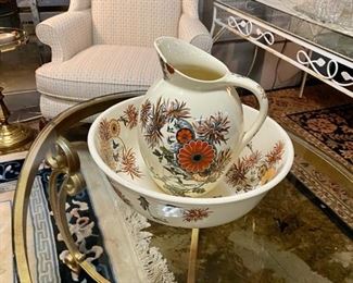 c.1883, Rare Victorian George Jones & Sons Overton Enameled Pitcher & Bowl in a "Majolica" Style with Victorian Eastlake Sunflowers and Golden Fuji Mums