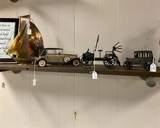 Vintage Copper Sailboat and 3 antique toy cars