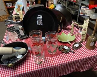 c.1960's Tea Glasses, Cast Iron, and Vintage Hand Painted Sad Irons