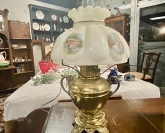 Antique ROCHESTER Brass Gone-with-the-Wind Style Victorian Oil Banquet Lamp, with Hand Painted Globe, Pat. Sept. 14, 1886 