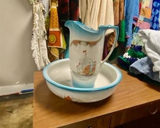 Vintage STUART 2-Piece Pitcher and Wash Basin with ship motif 