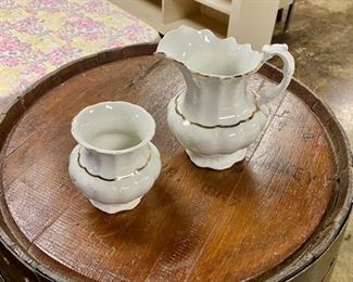 c.1860, SEVRES France, 2 Piece, 7" White Glazed Porcelain Creamer and Sugar Bowl, with Gold Gilt Trim