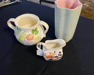 Vintage SHAWNEE #1013, and an antique ENOCH WEDGWOOD Tunstall Old Castle Creamer, and an Antique Double Handled Signed Ceramic