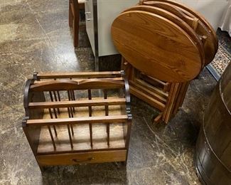 Set of 4 Oval Solid Oak Vintage TV trays with original stand, and a handmade 4-Section Oak Magazine Rack with a Bottom Storage Drawer