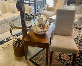 Antique Staircase Bannister End, and a MCM End Table, and an Upholstered Side Chair