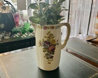 Antique Villeroy and Boch Dresden Jugendstil Art Nouveau Porcelain Water 12" Pitcher with Scalloped Handle 