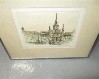 David Abels, New Orleans St. Louis Cathedral and Jacksdon Square signed etching, framed
