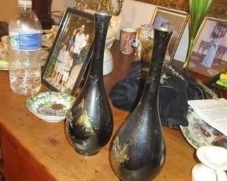 Pair of Japanese "steel cut" bottleneck form vases, c. 1925