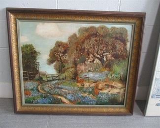 EAST TEXAS bluebonnet oil painting with Hudson-Salah studio label on rear (meaning that the owner   paid over $500 to have it lined and cleaned. Signed and dated lower right.