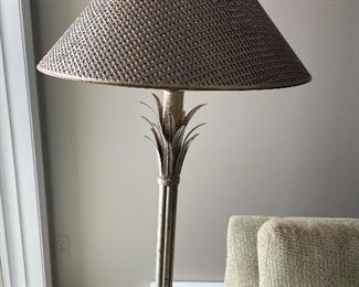 Metal burnished silver/gold floor lamp with wicker shade