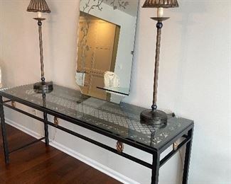 Designer metal console/buffet table with glass top, tall buffet lamps - set of 2, and mirror with etched floral boarder