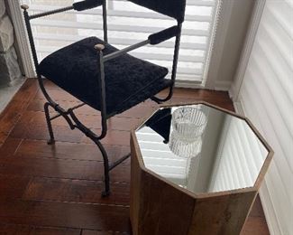 Designer metal arm chair with solid brass accents and velvet upholstered seat and back - excellent condition and octagonal mirrored top side table with solid wood sides 