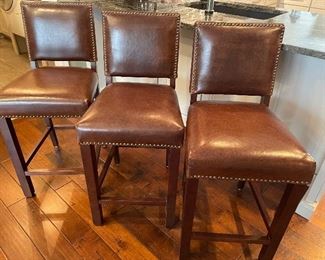 counter-height leather stools with nailhead detailing - excellent condition (set of 3)