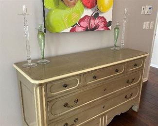 5-drawer dresser ivory and olive - designer, blown glass candle holders - 2 sets, and canvas artwork