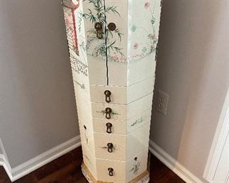 Floor standing jewelry case - octagonal shape with upper cabinet and 5 lower drawers (glass on top)