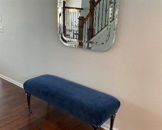 Blue velvet upholstered bench (excellent condition) shown under large MCM "soft square" mirror 