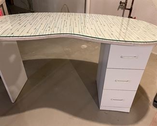"Kidney" shaped desk with glass top