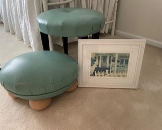 side table and foot stool and framed print