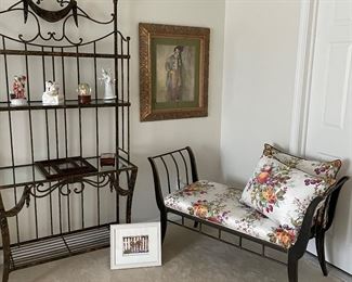 Metal shelving unit and bench; clown artwork and collections