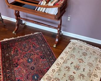 100% wool area rugs:  hand-made and machine-made, and library book caddy