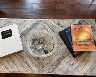 Coffee Table books and blown glass bowl on reclaimed wood cocktail table