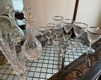 Gorham champagne flutes, crystal decanter, and crystal with platinum rim