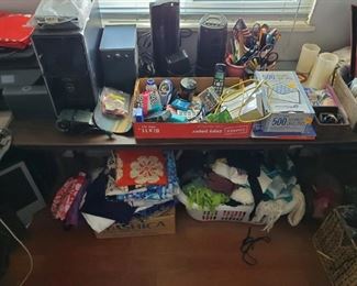 Computers, antique silk kimono fabric, scarves hats mittens, and office equipment