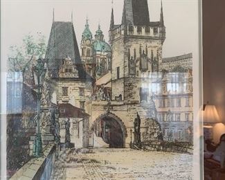 Original Etching of Lesser Town Bridge Tower in Prague