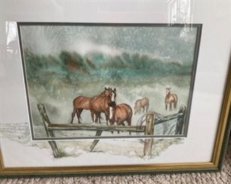 Very Unique Watercolor by Local Artist Julie Hegedus.  The watercolor Artwork continues onto the Mat.  Beautifully Frames.  Definitely One of a Kind. 