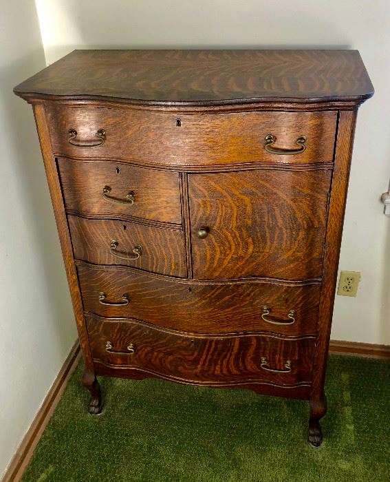 Innis, Pearce & Co. , Serpentine Front, Tiger Oak Tall Dresser