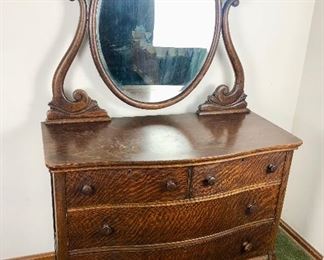 Innis, Pearce & Co. , Serpentine Front, Tiger Oak Low Dresser with Mirror.
