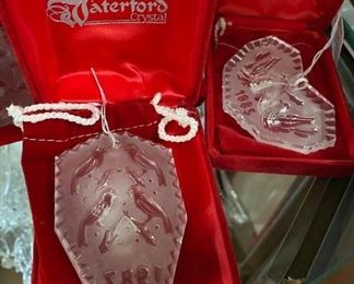 6 WATERFORD CHRISTMAS ORNIMENTS IN ORIGIONAL POUCH AND BOX