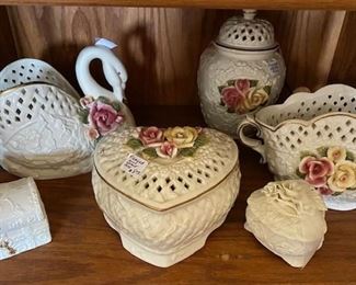 PORCEAOM PIERCED OUT HEART, SWAN, BASKET AND JAR WITH SMALL BOXES 