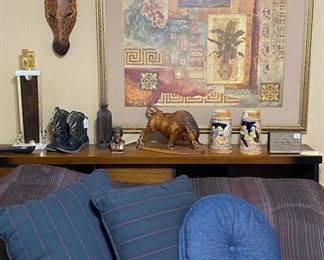 KIDS COWOY BOOTS, TROPHY, GIRAFFE MASK, GERMAN STEINS, CARVED WOODEN BULL, FRAMED PRINT