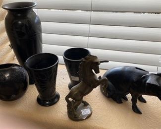 MEXICAN POTTERY VASES, METAL UNICORN AND METAL PIG
