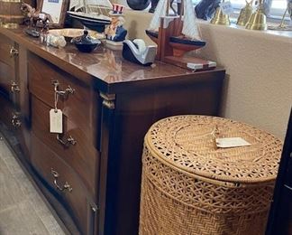 VINTAGE DRESSER, SAIL BOATS, DECORATIVE ITEMS, WOVEN WICKER BASKET