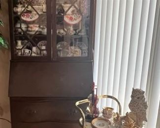 CHINA HUTCH SECRATARY .  A BRASS AND GLASS ROLLING BAR CART