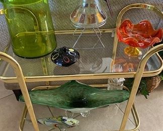 ROLLING BAR CART, MURANO AND ART GLASS PIECES