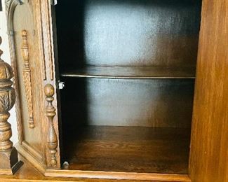 $395 
Wood Oak & Burl Walnut tall cabinet highly carved 
38Wx16Dx59 1/2T