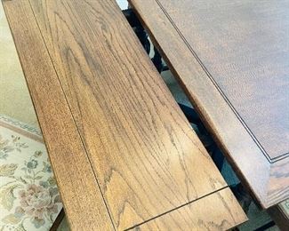 $695 
Wood Oak dining table 58Lx37Hx29W with 5 chairs + 1 Captain chair&nbsp;
2 leaves of 14" each.