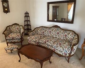 $250 
Carved walnut French style sofa/setee 86Lx33Dx36H

$250 
Carved walnut French style chair 35Wx31Dx35H

$50 
Cast iron matching foot rest oval stool 19x10x8

$95 
Carved walnut French style coffee table 39Wx20Dx16H