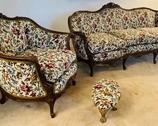 $250 
Carved walnut French style sofa/setee 86Lx33Dx36H

$250 
Carved walnut French style chair 35Wx31Dx35H

$50 
Cast iron matching foot rest oval stool 19x10x8